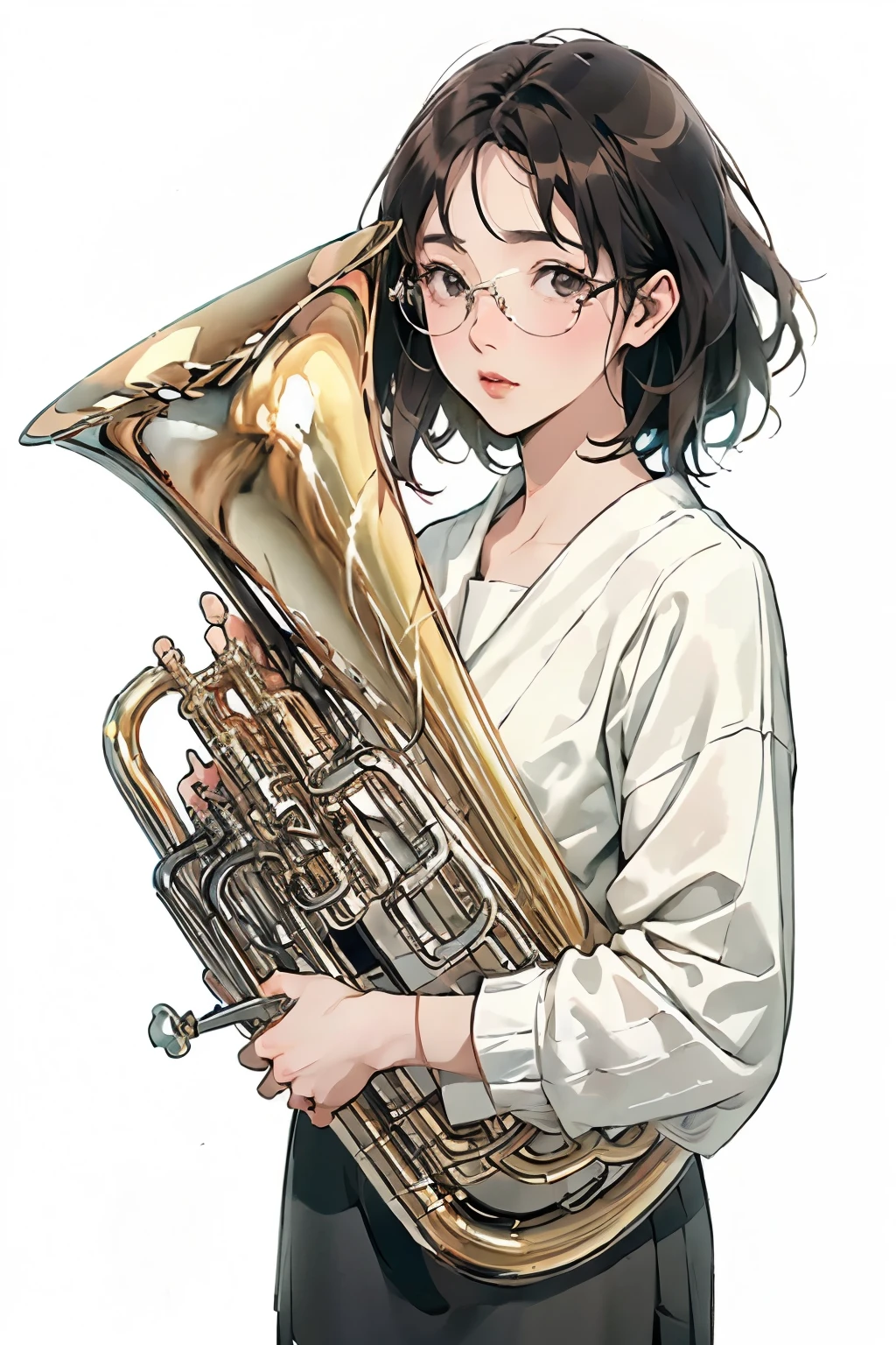 (Highest quality、masterpiece)、(Concept Art)、(Avatar)、(icon)、((One Woman))、((alone))、(play the euphonium:1.2), alone, (Draw the Euphonium Shape Accurately:1.4)、Standing、(From before)、office lady,suit,pantyhose,short hair, Semi-rimless eyewear,(Looking into the camera)、 (Soft Light)、(Soft Shading)、 (pastel colour)、(ink)、(Sketch Style)、(bright)、(Sargent-style watercolor)、(Edmund Leighton Style)、((White Background))、((Blank Background))、