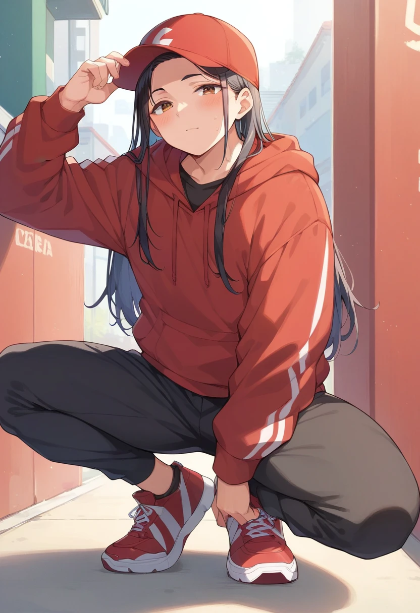 (masterpiece), best quality, expressive eyes, perfect face, a man get transformed into a MILF, solo, surpriced, blushed, black hair, long hair, red baseball cap, brown eyes, (full body), tight clothes, chubby, black shirt, red hoodie, black sport pants, red sport shoes, NSFW, ecchi