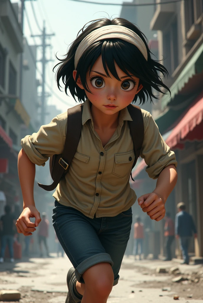 A girl with short black hair, 1, running in the street, wearing clothes similar to boys&#39; clothes, with a serious face and her head wrapped in a bandage due to an injury to her head 