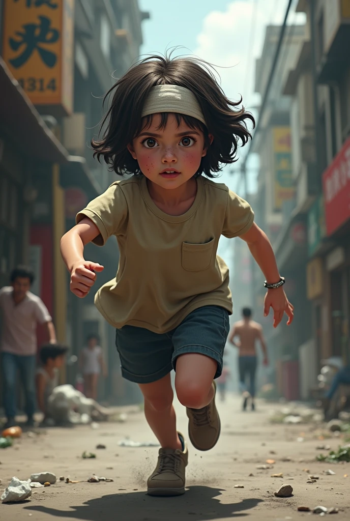 A girl with short black hair, 1, running in the street, wearing clothes similar to boys&#39; clothes, with a serious face and her head wrapped in a bandage due to an injury to her head 