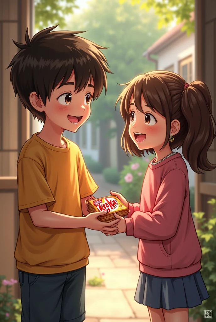 One boy give KitKat chocolate  girl  and girl are smiling 
