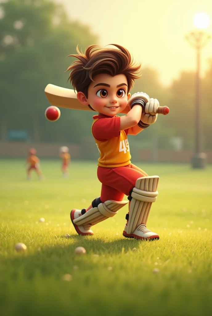 A handsome boy playing cricket named "RAJA" with jersey number 45 written in backside 