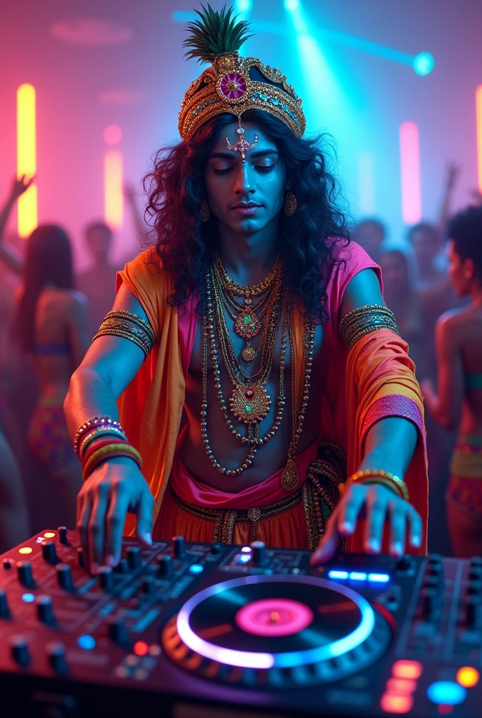 Create a cool lord krishna as dj playing with his gadget. In hippi look ,enjoying face, people are dancing i. His dj music in neon light 