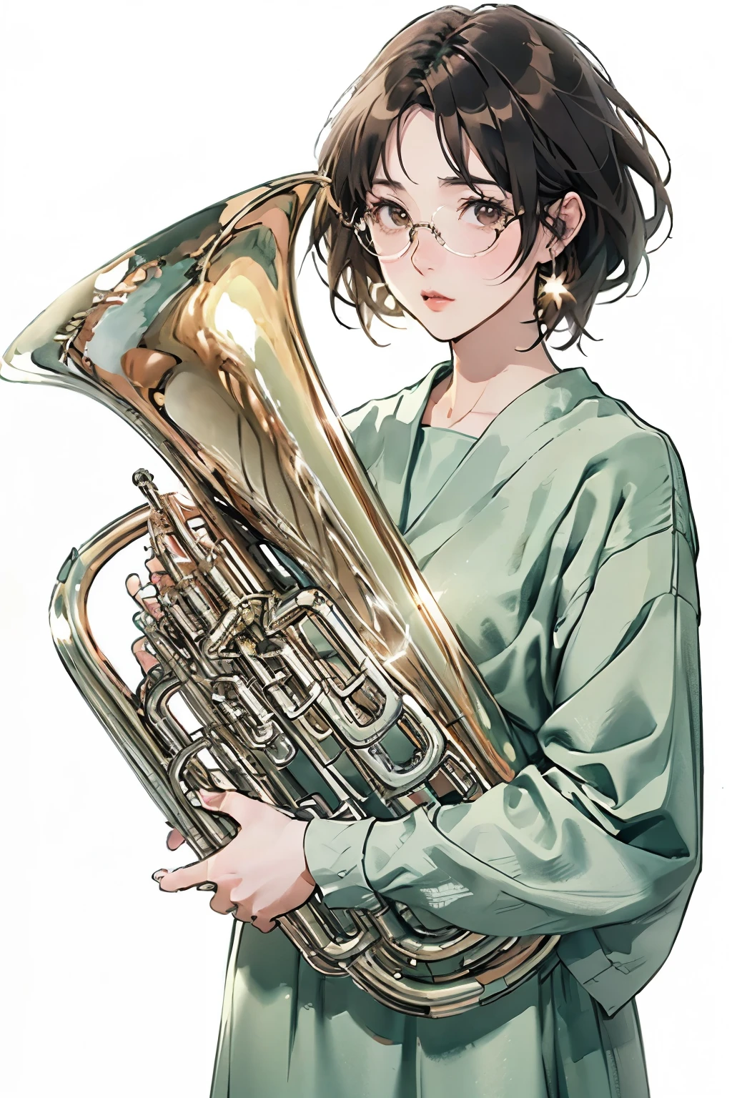 (Highest quality、masterpiece)、(Concept Art)、(Avatar)、(icon)、((One Woman))、((alone))、(play the euphonium:1.2), alone, (Draw the Euphonium Shape Accurately:1.4)、Standing、(From before)、office lady,suit,pantyhose,short hair, Semi-rimless eyewear,(Looking into the camera)、 (Soft Light)、(Soft Shading)、 (pastel colour)、(ink)、(Sketch Style)、(bright)、(Sargent-style watercolor)、(Edmund Leighton Style)、((White Background))、((Blank Background))、