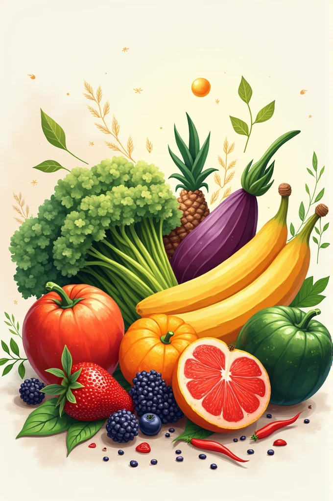 Create a creative and inspiring drawing on balanced diet showing colorful fruits, vegetable and healthy snack.