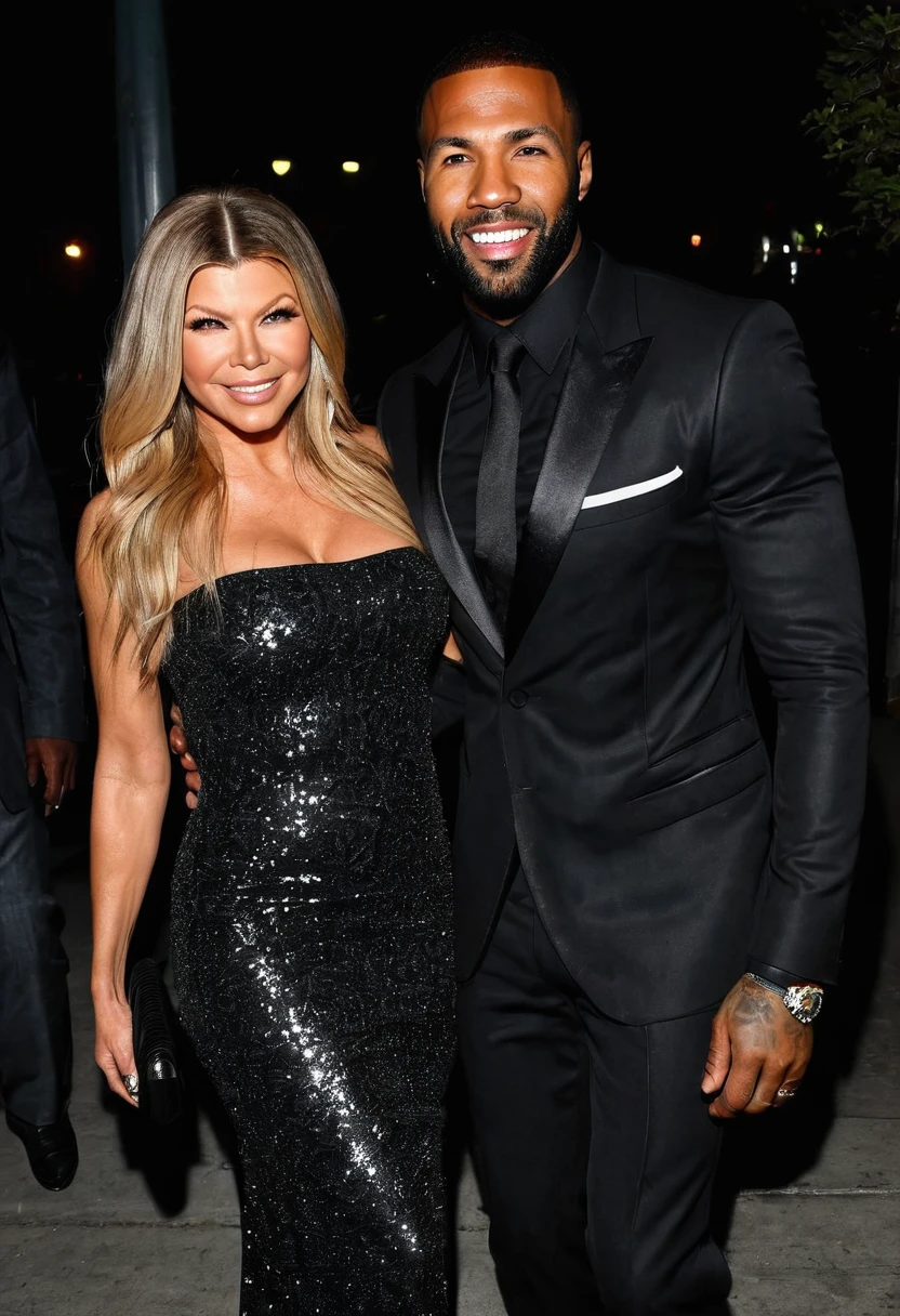 Fergie and a handsome African American male whose facial features are a combo of Jason Derulo + Ray J + Omari Hardwick enjoy an evening stroll. Both are smiling. Both are dressed attractively for a night on the town. Fergie wears a sparkly black dress. Fergie has lovely makeup on her face. Nighttime. Romantic ambiance. Symmetrical eyes. Symmetrical faces. Lovely details. Photorealistic. Full-colored photo. Professional photo. Highly detailed 8K.