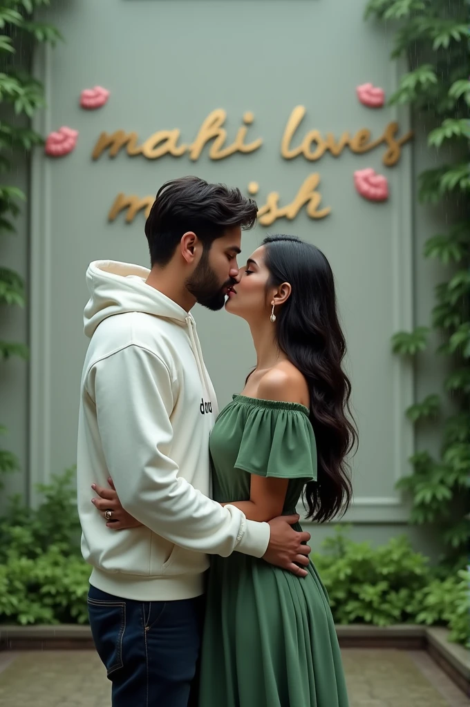 Create an illusion 2 couple standup in a beautiful park kissing and wearing a white hoodie with the name "DManish" and a cute girl green dress, a beautiful lonely boy, Both got wet in the rain, a realistic picture, and a big wall write on the back light font "Mahi lovesManish". The boy keeps his hands on his girlfriend's waist. Flying Kisses in the background. full realistic photo, ultra-realistic picture, rainy day. very beautiful photo, a hyperealistic photo.
