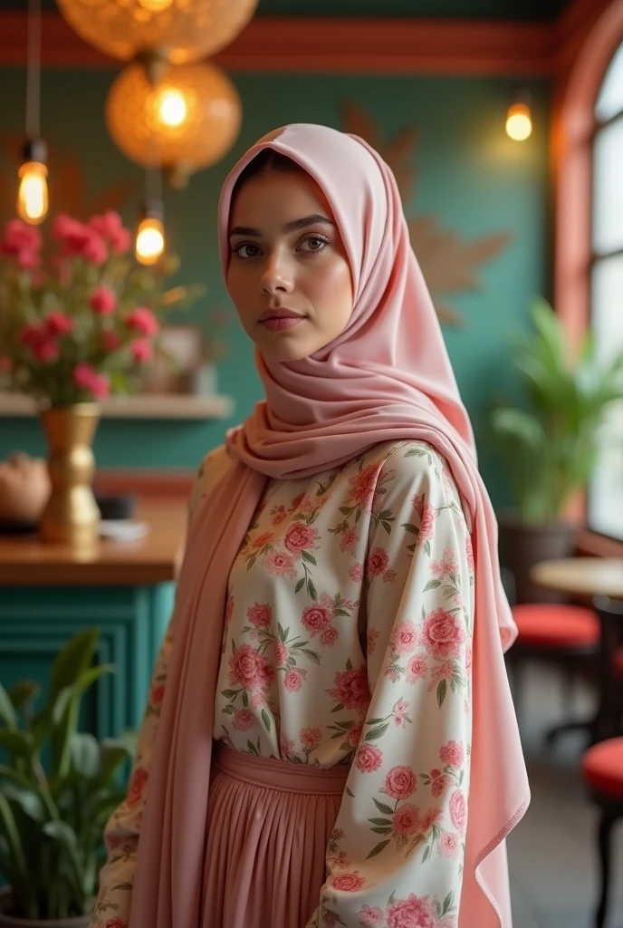 beautiful 1 hijab woman, (soft features), (long hijab), wearing (floral hoodie) and (long skirt), facing the camera, beautiful decorated luxury cafe background, (bright colors), (4K ), capture cool photoshoots that create beautiful results