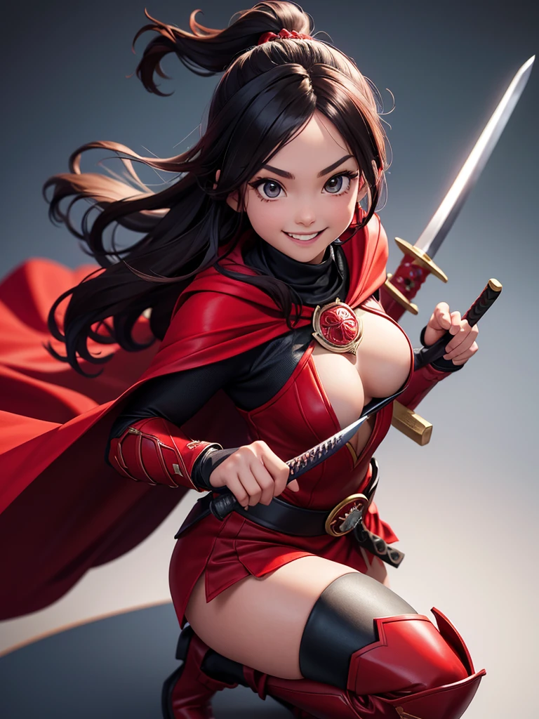 thief Girl Thief Wearing a red outfit and cape 走っているwhole bodyの姿 She has a cute smile samurai Hold the sword whole body AI images