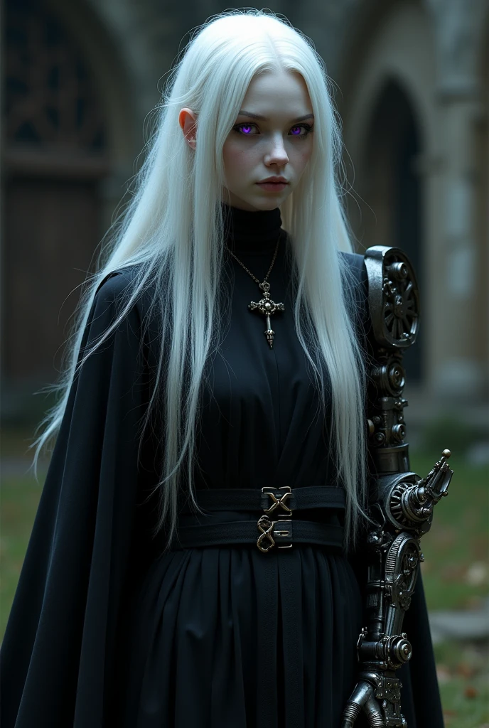 Middle Ages Albino with White Hair Violet Eyes, black robes with a collar with a small cross, and with the steampunk prosthetic left arm