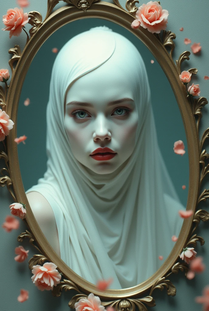 Make a woman with a white mask covering her face looking at a mirror with rose frames. Do it in a surreal and more lively style