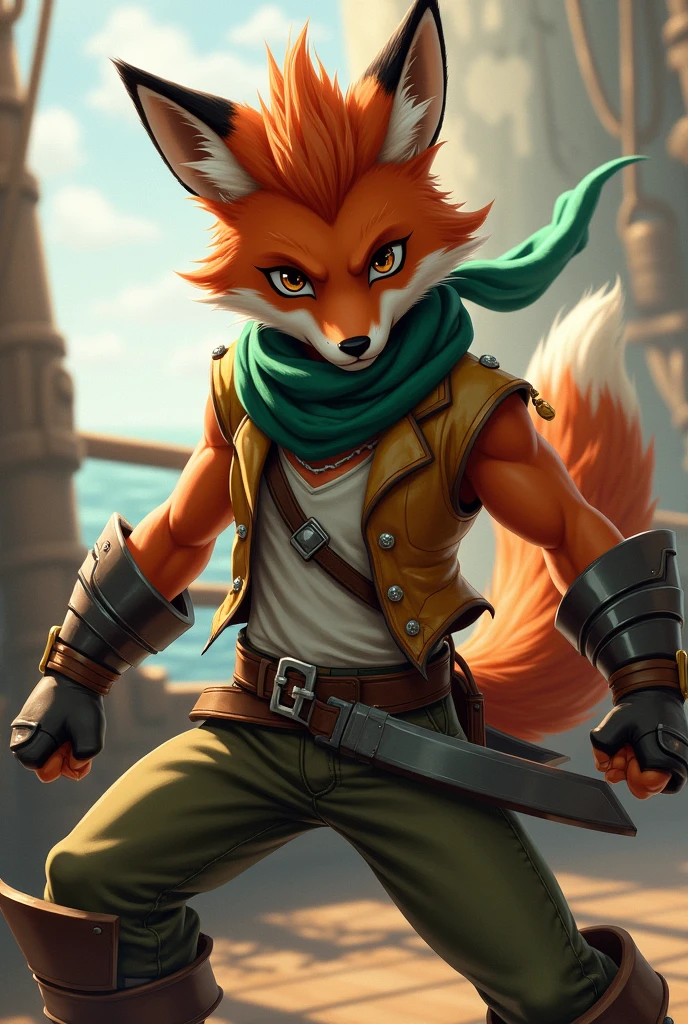 no lighting deep shadow, masterpiece, high quality, hi res, solo, male Furry, teen, red fox, spiked brown hair only on head, collar, brown eyes, goggles, green scarf, golden jacket sleeveless, pirate pants, elbow pads, holding a sword, masterpiece, muscles, Detailed hands, detailed face, detailed eyes, detailed body, Flat body, Skinny, claws, high resolution, metal cuffs on wrists, metal cuffs on ankles, day, pretty face, standing, ship, captain attituted,serious face, fighting pose