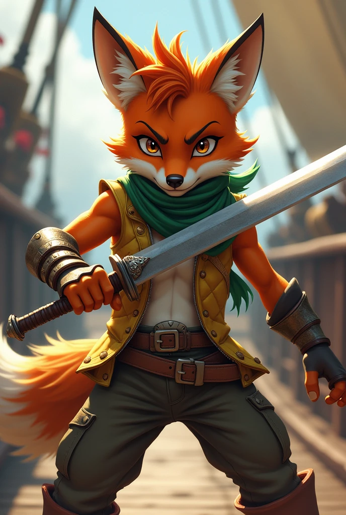 no lighting deep shadow, masterpiece, high quality, hi res, solo, teen male Furry, teenager, red fox, spiked brown hair only on head, collar, brown eyes, goggles, green scarf, golden jacket sleeveless, pirate pants, elbow pads, holding a sword, masterpiece, muscles, Detailed hands, detailed face, detailed eyes, detailed body, Flat body, Skinny, claws, high resolution, metal cuffs on wrists, metal cuffs on ankles, day, pretty face, standing, ship, captain attituted,serious face, fighting pose
