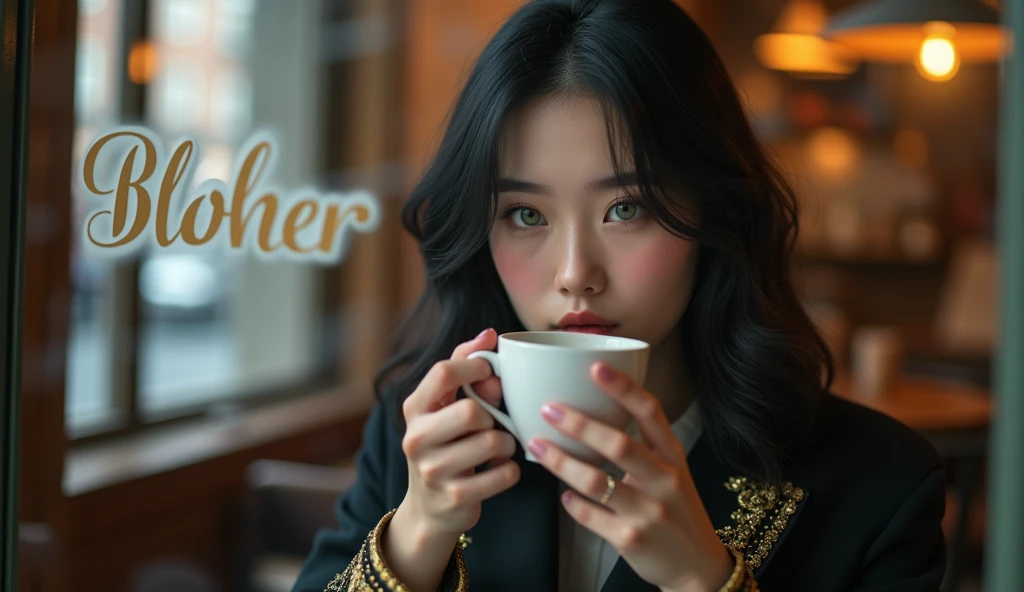 Portrait of a young woman drinking coffee in a café, seen through the window. The woman has an ethereal appearance, with fair skin, large greenish-grey eyes, and soft pink full lips. Her black, slightly wavy hair softly frames her face. She is wearing a dark coat with golden details and a golden brooch on the front. The scene focuses on a close-up of her face, reflecting serenity and mystery as she holds a cup of coffee with both hands. Through the café window, the name "BLOHER" is subtly frosted, elegantly blending into the image without overshadowing it. The glass allows a clear view of the warm and cozy interior of the café, while the woman's gaze conveys a deep calm.