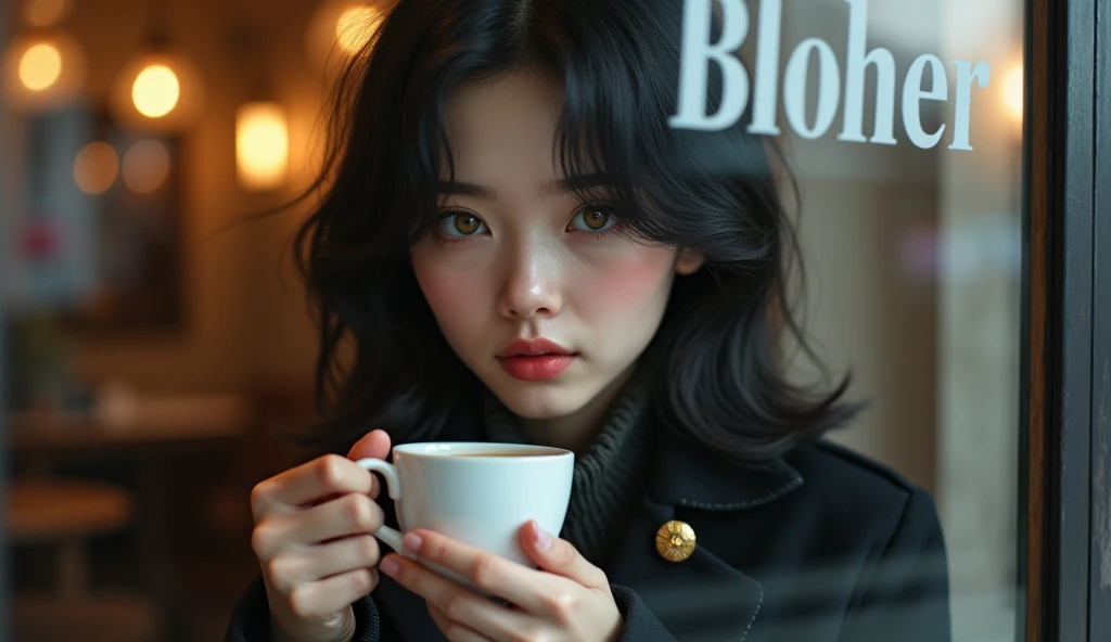 Portrait of a young woman drinking coffee in a café, seen through the window. The woman has an ethereal appearance, with fair skin, large greenish-grey eyes, and soft pink full lips. Her black, slightly wavy hair softly frames her face. She is wearing a dark coat with golden details and a golden brooch on the front. The scene focuses on a close-up of her face, reflecting serenity and mystery as she holds a cup of coffee with both hands. Through the café window, the name "BLOHER" is subtly frosted, elegantly blending into the image without overshadowing it. The glass allows a clear view of the warm and cozy interior of the café, while the woman's gaze conveys a deep calm.