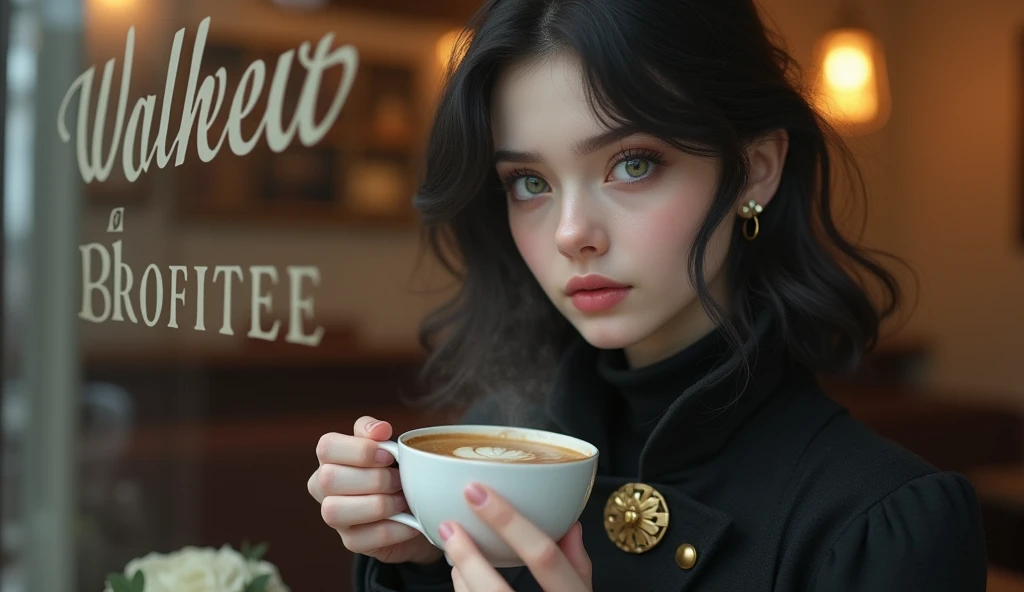 Portrait of a young woman drinking coffee in a café, seen through the window. The woman has an ethereal appearance, with fair skin, large greenish-grey eyes, and soft pink full lips. Her black, slightly wavy hair softly frames her face. She is wearing a dark coat with golden details and a golden brooch on the front. The scene focuses on a close-up of her face, reflecting serenity and mystery as she holds a cup of coffee with both hands. Through the café window, the name "BLOHER" is subtly frosted, elegantly blending into the image without overshadowing it. The glass allows a clear view of the warm and cozy interior of the café, while the woman's gaze conveys a deep calm.