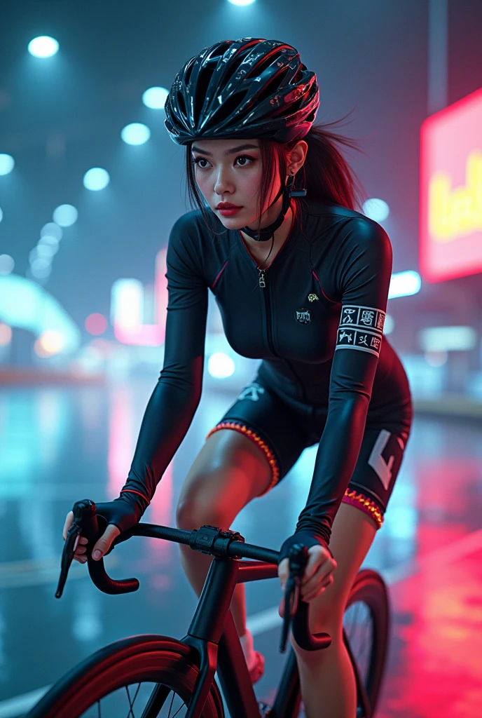 ultra-realistic, photorealistic, dramatic scene, (20 years old Japanese famous idol girl:1.5), Riding a cyber punk racing bicycle, running at a futuristic cyber punk high way, dynamic angle, acrobatic pose, masterpiece, (close up of the face:1.6), beautiful eyes, (wearing a cyber punk bicycle racer suits with neon markers), helmet, very large breasts, beautiful face,