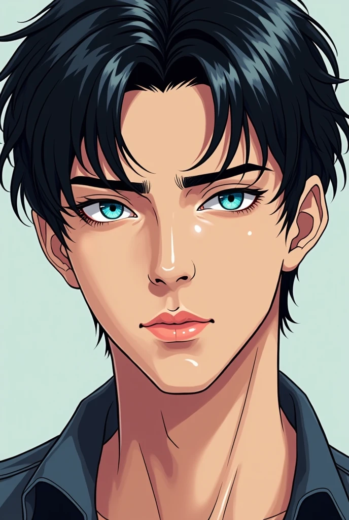 manhwa of a man with smooth skin, short black hair, the small, slanted, seductive eyes, pastel blue pupil, SERIOUS LOOK