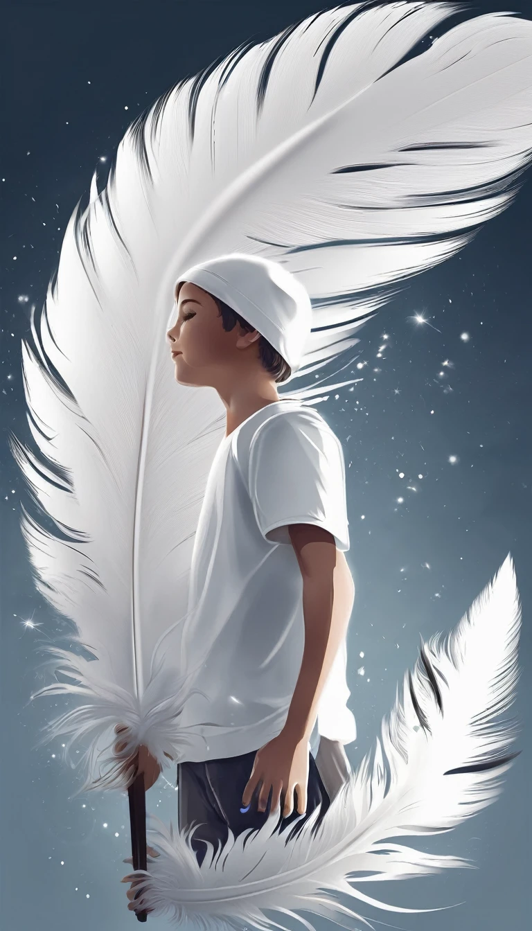 Create a minimal, modern, simple, inspirational, fantastic, poetic, epic, original, memorable, dream like, cinematic logo design of a dreamer boy and a cinematic, memorable white fantastic feather for the brand “Penamemoria". The logo design must convey the artistic, fantastic, epic inspiration of a dreamer boy in a unique, fantasy cinematic white feather.