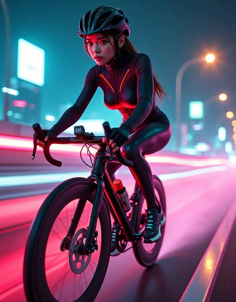 ultra-realistic, photorealistic, dramatic scene, (20 years old Japanese famous idol girl:1.5), Riding a cyber punk racing bicycle, running at a futuristic cyber punk high way, dynamic angle, acrobatic pose, masterpiece, (close up of the face:1.6), beautiful eyes, (wearing a cyber punk bicycle racer suits with neon markers), helmet, very large breasts, beautiful face,