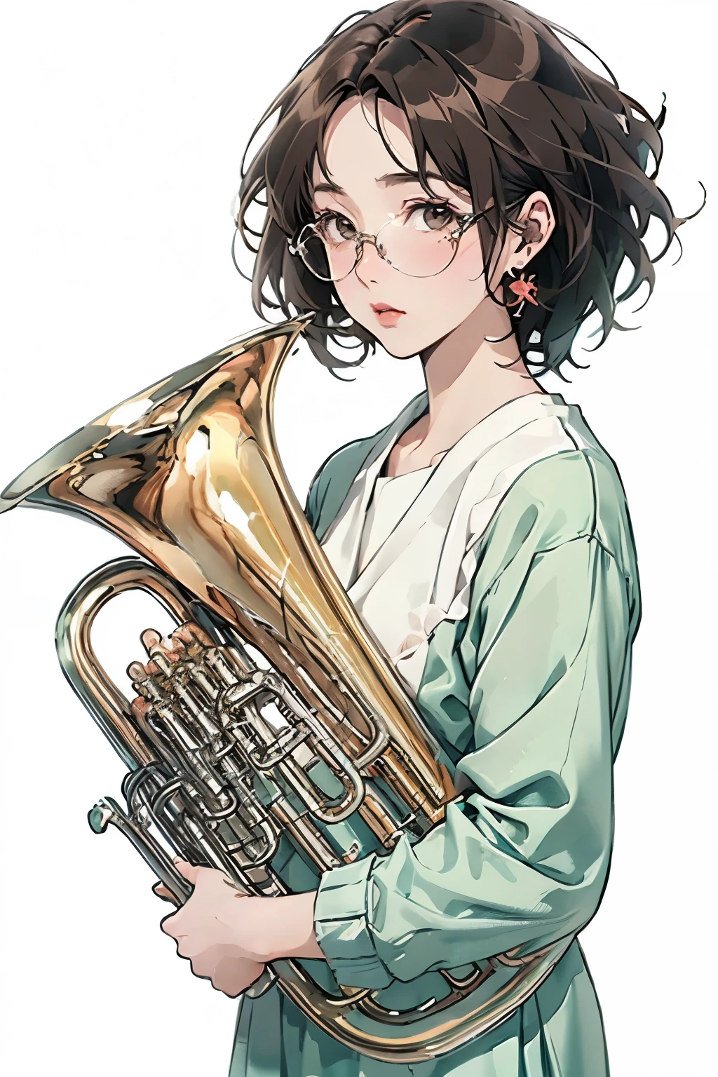 (Highest quality、masterpiece)、(Concept Art)、(Avatar)、(icon)、((One Woman))、((alone))、(play the euphonium:1.2), alone, (Draw the Euphonium Shape Accurately:1.4)、Standing、(From before)、office lady,suit,pantyhose,short hair, Semi-rimless eyewear,(Looking into the camera)、 (Soft Light)、(Soft Shading)、 (pastel colour)、(ink)、(Sketch Style)、(bright)、(Sargent-style watercolor)、(Edmund Leighton Style)、((White Background))、((Blank Background))、