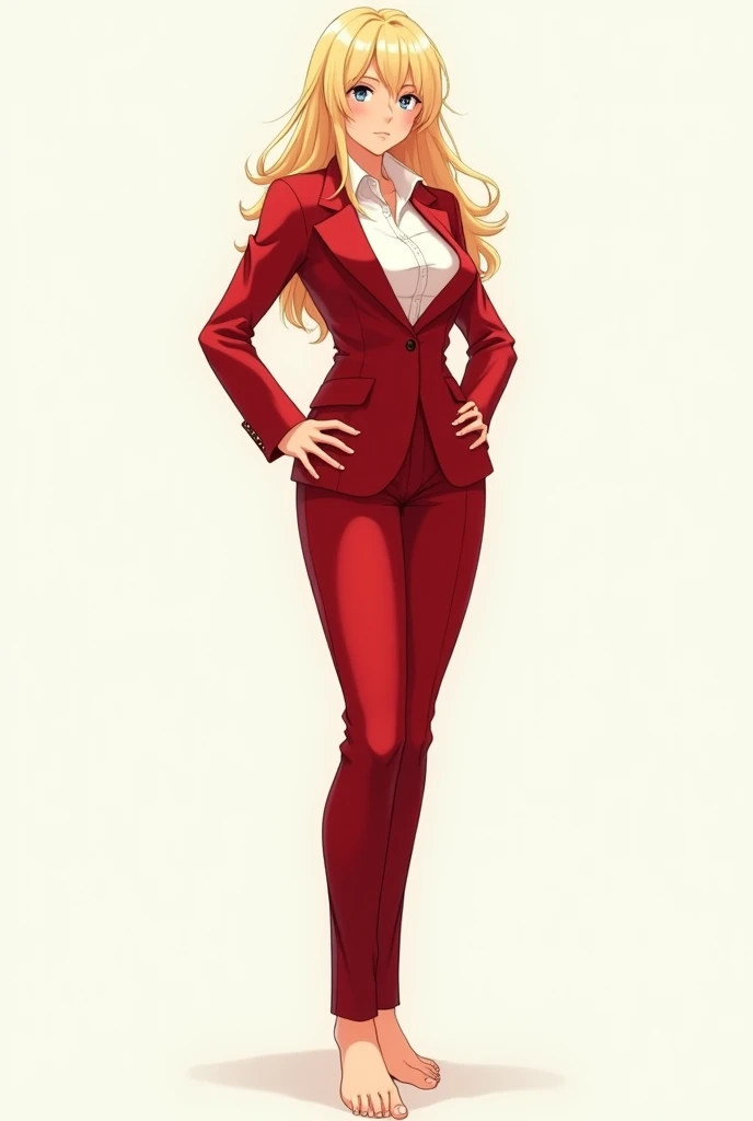 Anime businesswoman with blonde hair and red suit barefoot