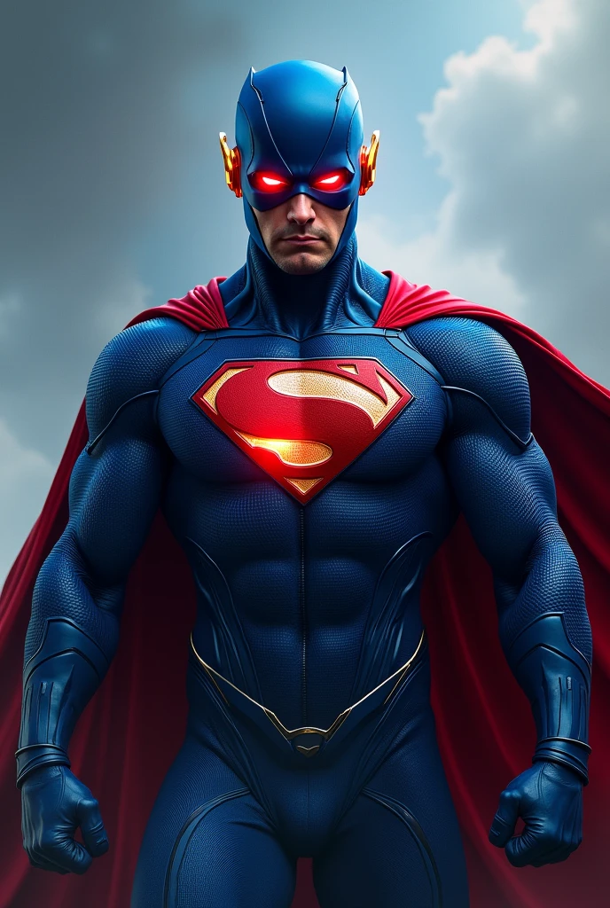 Flash with blue suit and superman symbol without cape, closed mask and red eyes