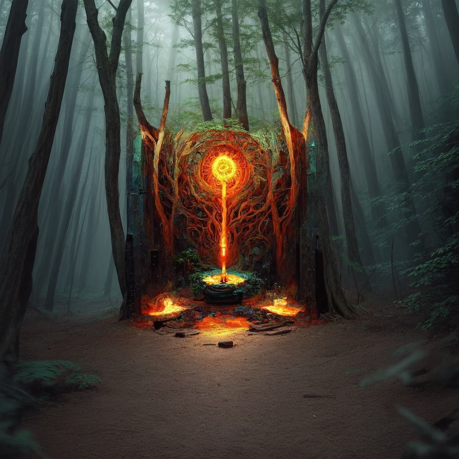 A dark and mystical scene in a deep and ancient forest, dominated by a glowing orb suspended in the air. The globe radiates intense shades of orange and yellow, resembling a burning sun. It is surrounded by twisted, gnarled tree roots that appear to be alive., intertwining around the orb and spreading across the entire scene. Under the orb, There is a black stone altar, with molten lava flowing around it, creating a sense of elemental and powerful magic. The atmosphere is eerie and otherworldly., with a faint greenish light filtering through the dense forest canopy. The image is full of intricate details, including small plants and foliage near the base of the altar, and shadows that give a sense of depth and mystery to the scene.