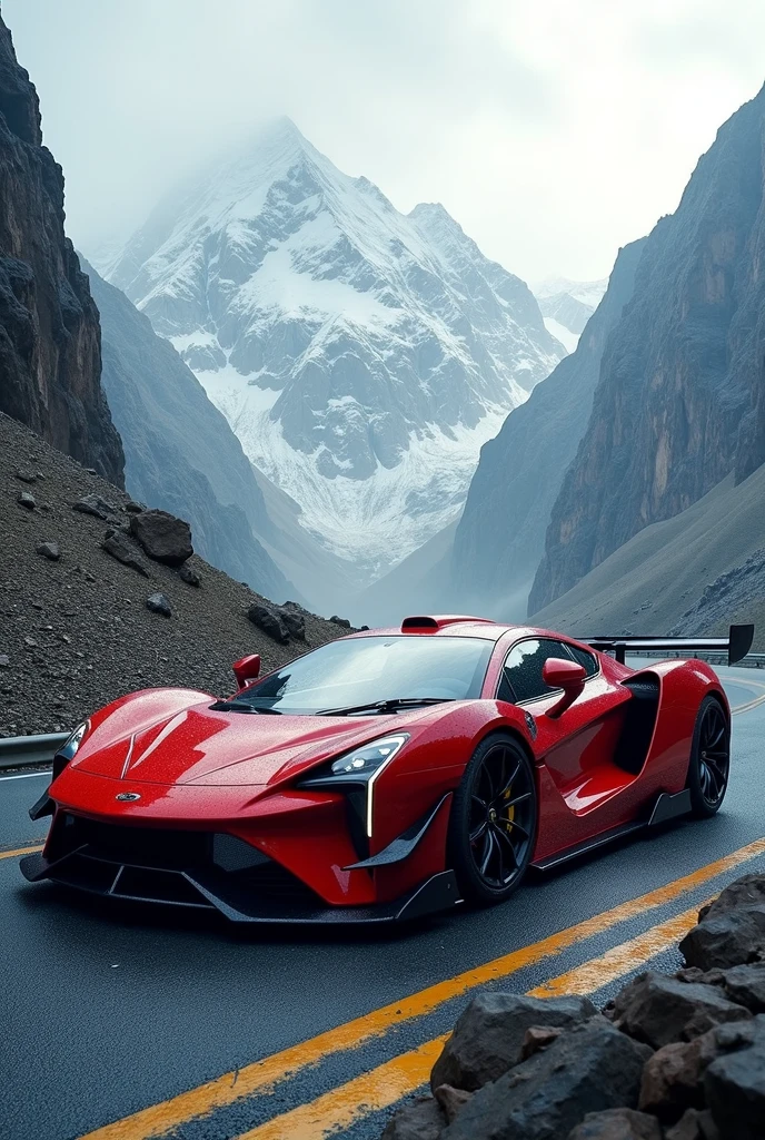 Red super car in between mountains