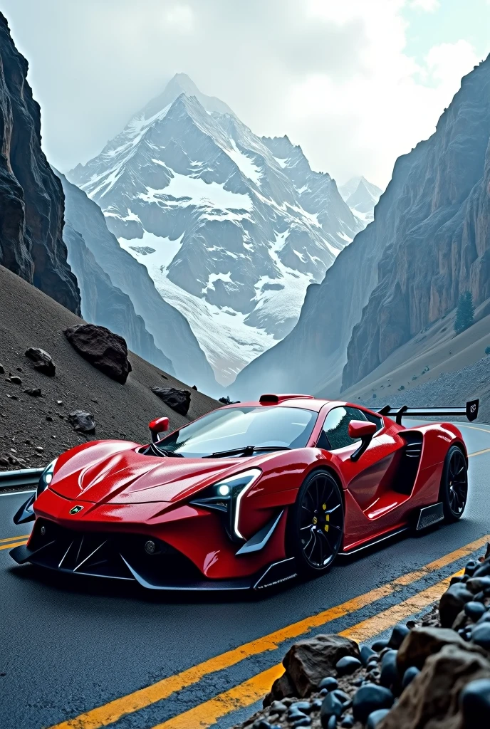 Red super car in between mountains