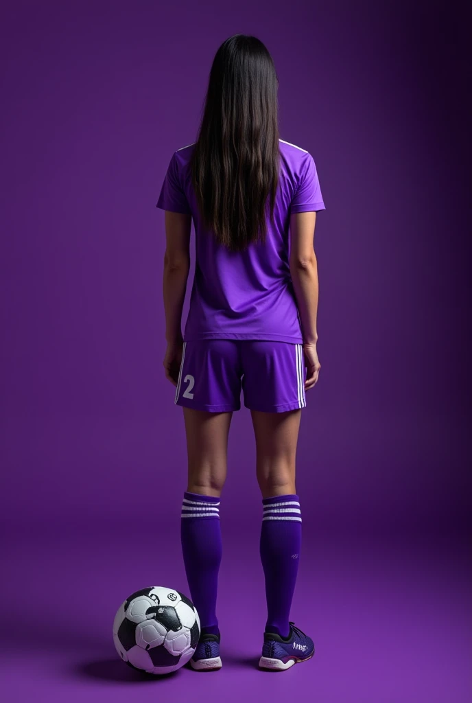 high quality photography ((masterpiece))
From a 1 girl with a good body, with his back turned in a purple soccer uniform and a ball next to him, with the name Fany and the number 2 below Black hair, that his face cannot be seen With the purple background of the image