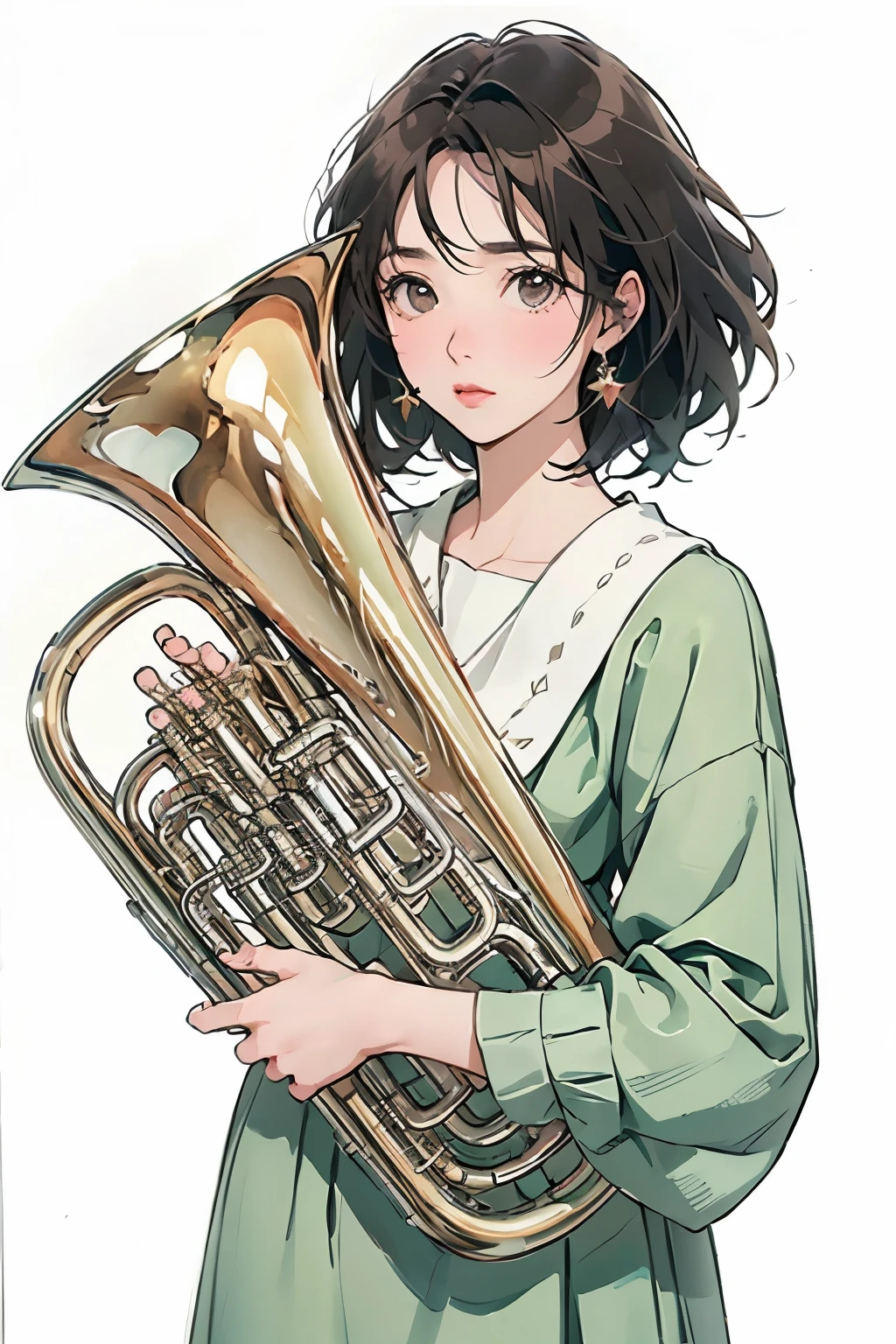 (Highest quality、masterpiece)、(Concept Art)、(Avatar)、(icon)、((One Woman))、((alone))、(play the euphonium:1.2), alone, (Draw the Euphonium Shape Accurately:1.4)、Standing、(From before)、office lady,suit,pantyhose,short hair, Semi-rimless eyewear,(Looking into the camera)、 (Soft Light)、(Soft Shading)、 (pastel colour)、(ink)、(Sketch Style)、(bright)、(Sargent-style watercolor)、(Edmund Leighton Style)、((White Background))、((Blank Background))、