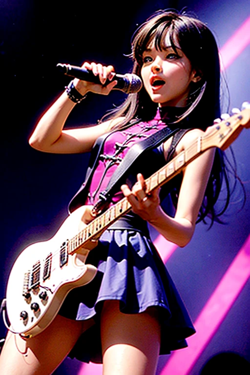 Rock Spiderrman girl 13 years mini skirt hard long air and stars deep purple hold marvel holding the microfon singing and player electric guitarr red with a background of thunder and a very rock vibes.
