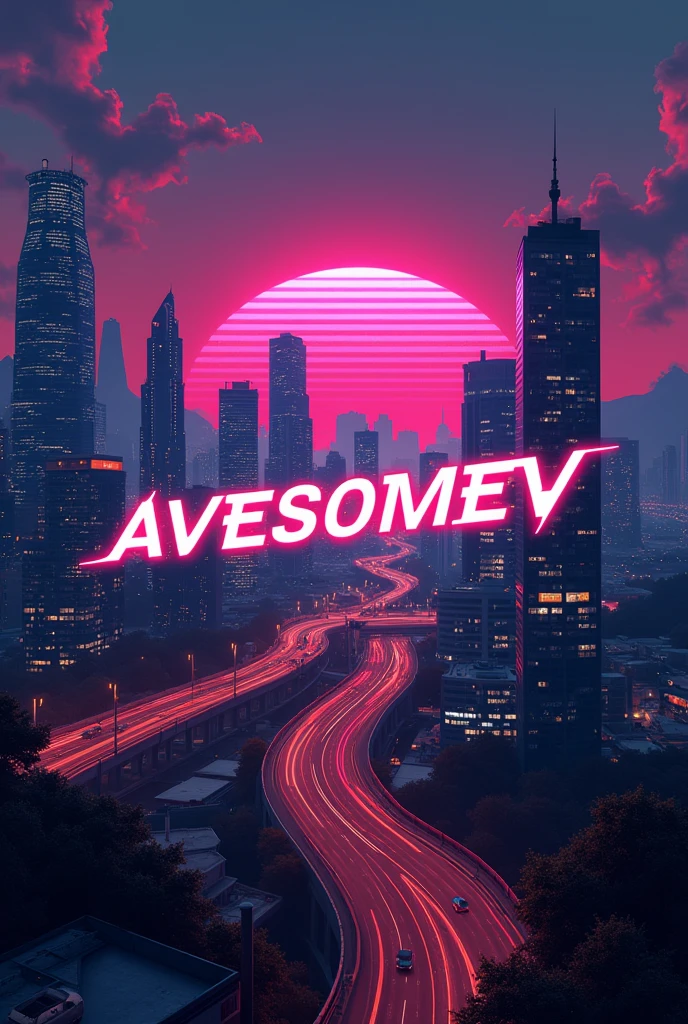 Create a gaming logo with the name AvesomeV in the picture. The background should be a GTA roleplay city. Make an even cooler picture
