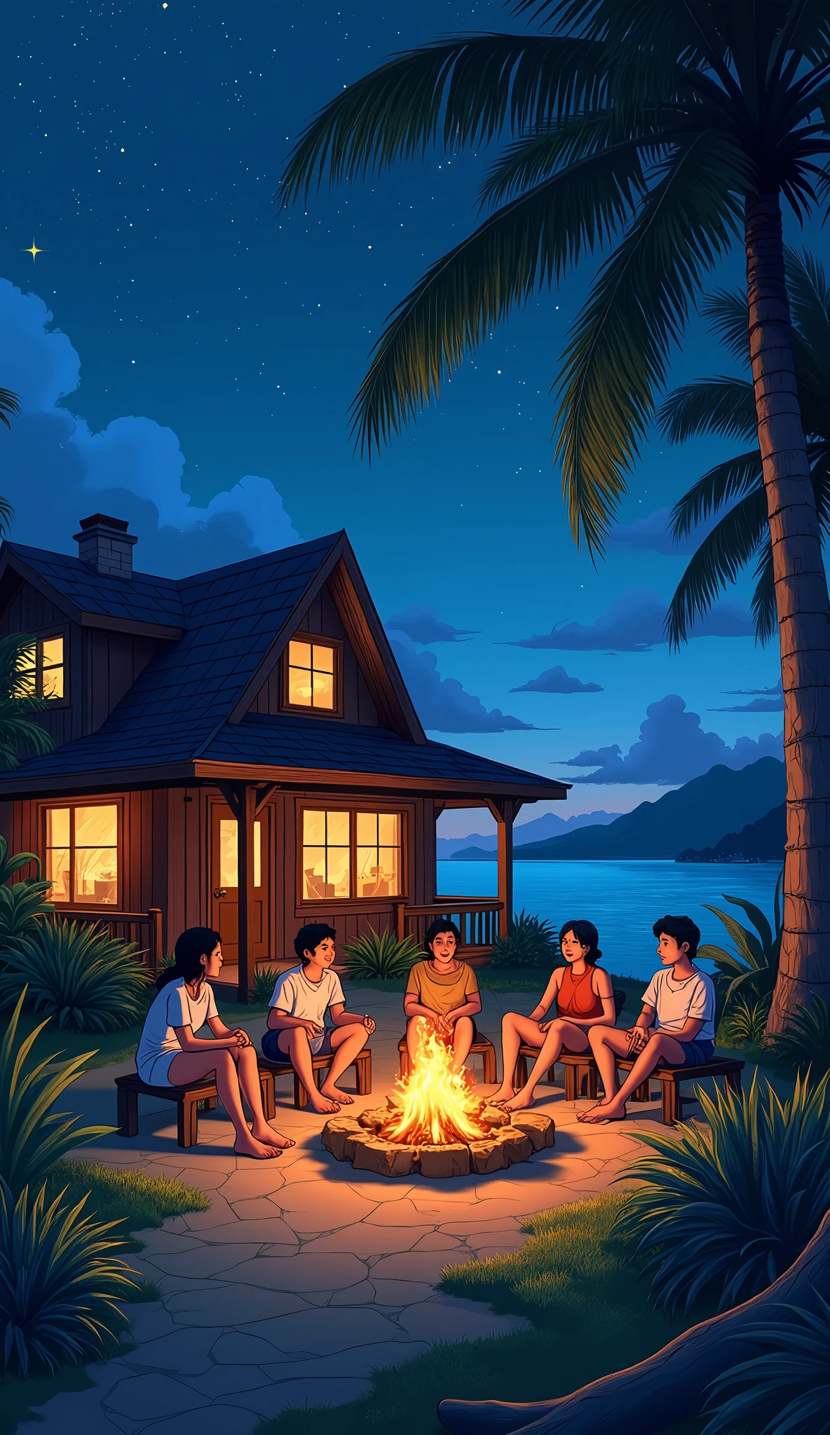 anime Illustration of Hawaii, a very cozy native Hawaiian home with firecamp outside the house a group of friends sitting in the camp fire and laughing.  evenings cozy vibe stars in the sky ,Hawaii , illustration , reteo comic illustration moody, melancholic, vibrant color, detailed, akira --ar 16-9 --niji 6