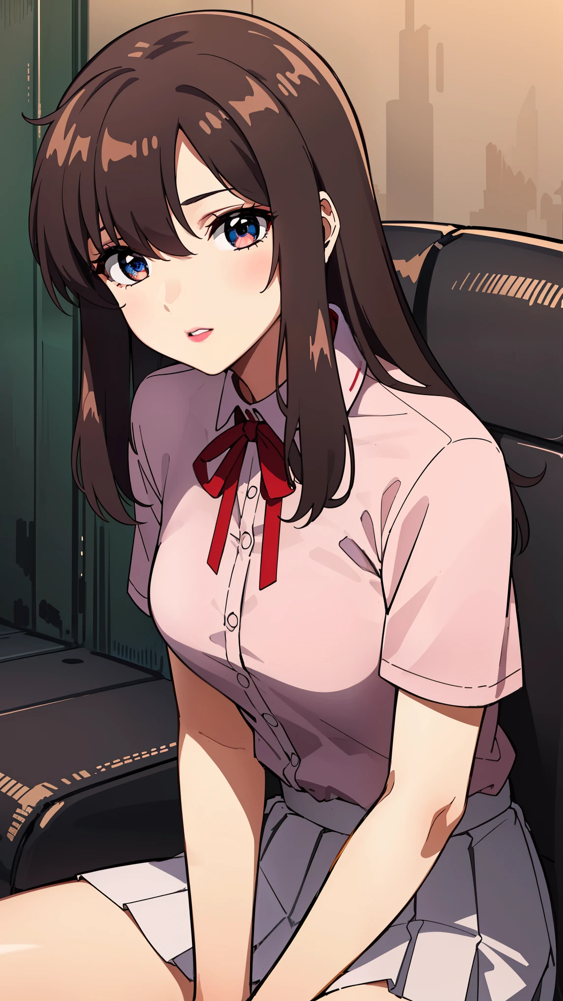 bangs,brown_hair, long_hair,red eyes,lipstick,makeup,
BREAK (white skirt, red ribbon, pink shirt, pleated skirt, bangs, neck ribbon, puffy short sleeves:1.2)
BREAK (spread legs), sitting,
BREAK indoors, military place,
BREAK (masterpiece:1.2), best quality, high resolution, unity 8k wallpaper, (illustration:0.8), (beautiful detailed eyes:1.6), extremely detailed face, perfect lighting, extremely detailed CG, (perfect hands, perfect anatomy),