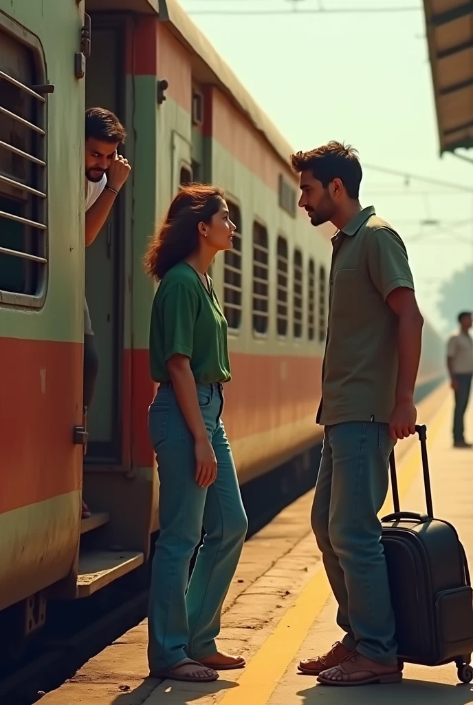 A couple in indian railway station and men are in the train door and train has out of station are slowly and women say good bye to him both are emotional for long distance and men had a trolly bag and women wear a baggy jins and green top