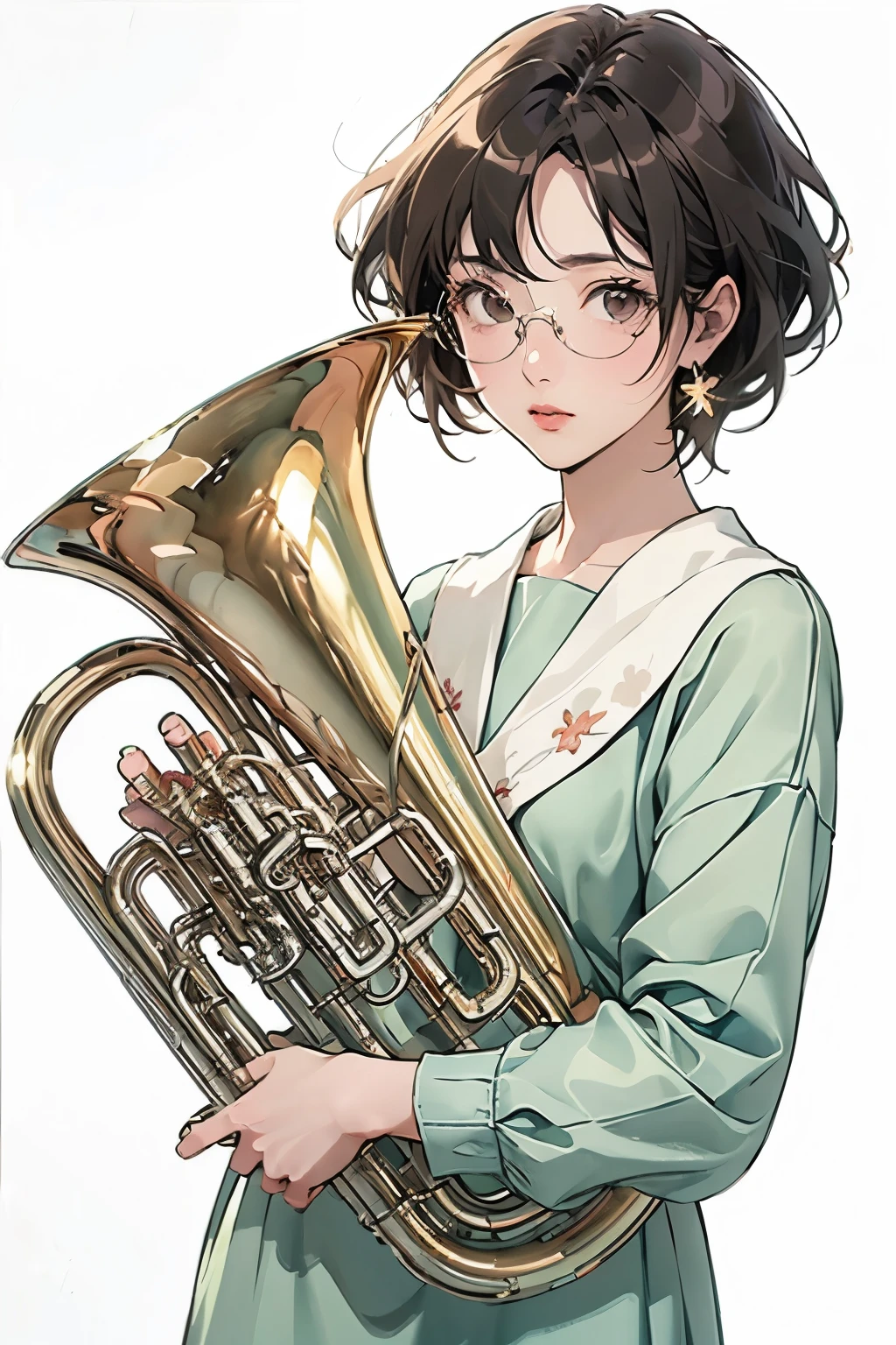 (Highest quality、masterpiece)、(Concept Art)、(Avatar)、(icon)、((One Woman))、((alone))、(play the euphonium:1.2), alone, (Draw the Euphonium Shape Accurately:1.4)、Standing、(From before)、office lady,suit,pantyhose,short hair, Semi-rimless eyewear,(Looking into the camera)、 (Soft Light)、(Soft Shading)、 (pastel colour)、(ink)、(Sketch Style)、(bright)、(Sargent-style watercolor)、(Edmund Leighton Style)、((White Background))、((Blank Background))、