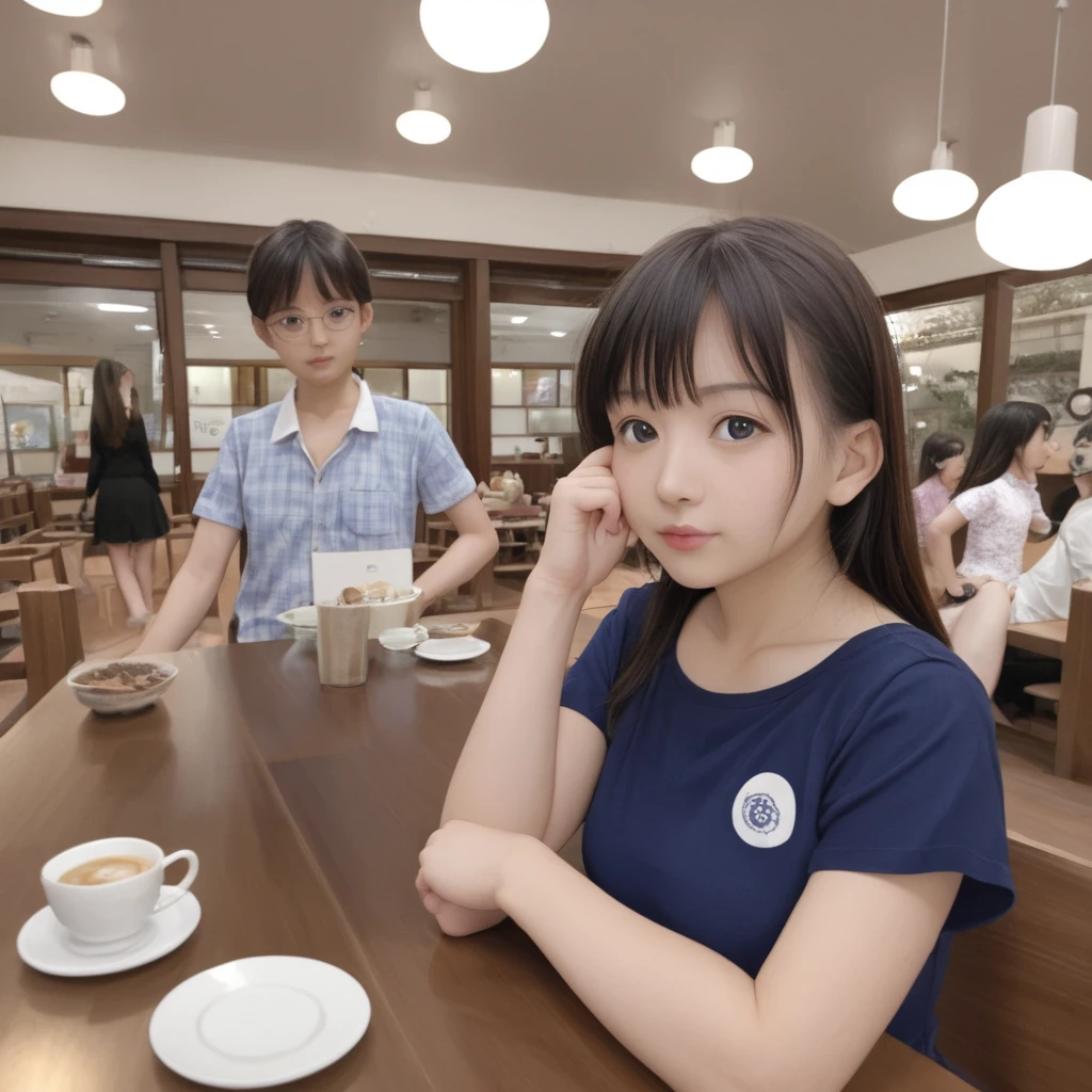 Many young Japanese women are waiting in line in front of a cafe before it opens.、In front of the station、