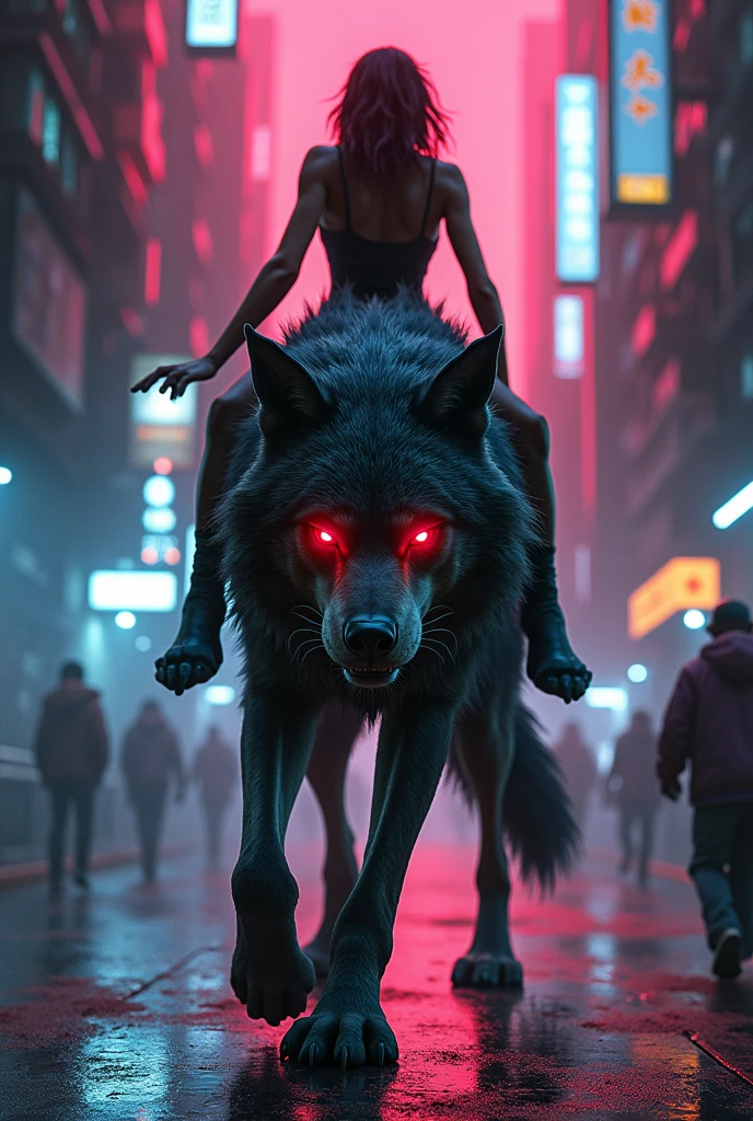 Wolf with red neon eyes on cyberpunk city and scary lady riding wolf