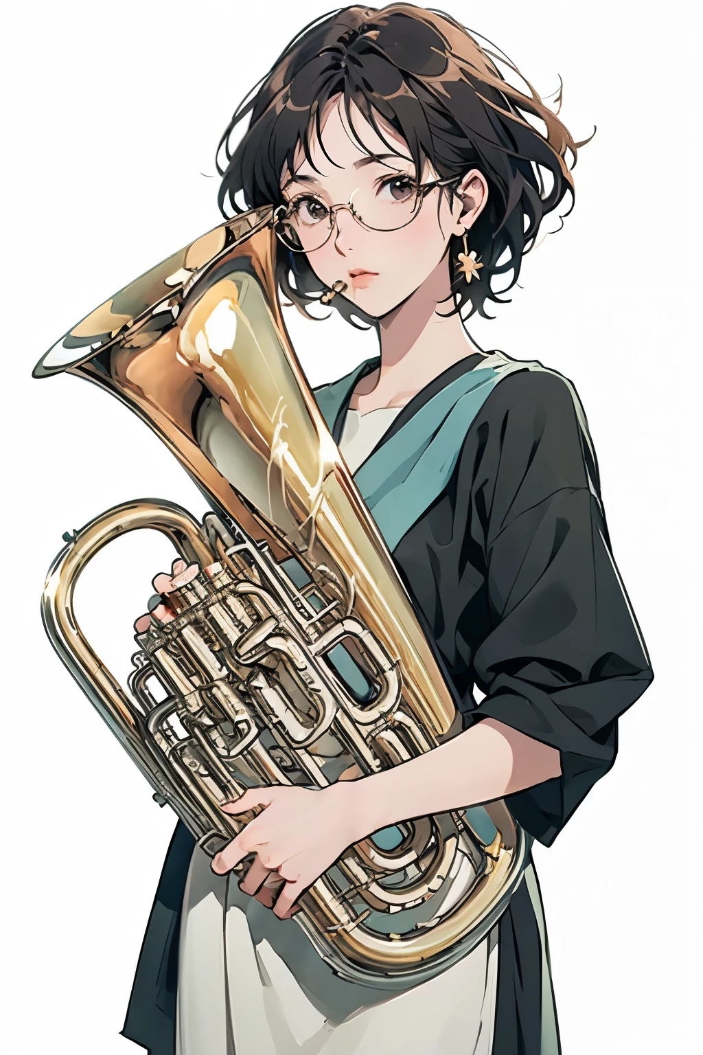 (Highest quality、masterpiece)、(Concept Art)、(Avatar)、(icon)、((One Woman))、((alone))、(play the euphonium:1.2), alone, (Draw the Euphonium Shape Accurately:1.4)、Standing、(From before)、office lady,suit,pantyhose,short hair, Semi-rimless eyewear,(Looking into the camera)、 (Soft Light)、(Soft Shading)、 (pastel colour)、(ink)、(Sketch Style)、(bright)、(Sargent-style watercolor)、(Edmund Leighton Style)、((White Background))、((Blank Background))、