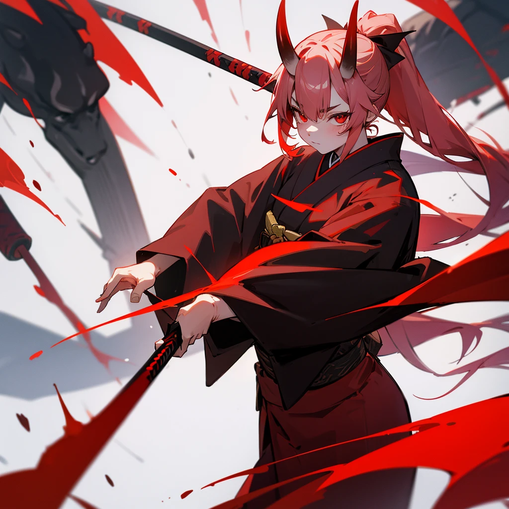 Female oni, red oni horns, red eyes, red and black kimono, holding katana, white long hair, ponytail