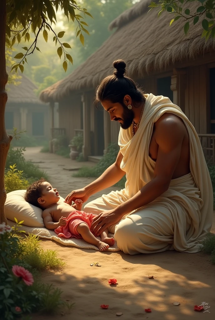 The small, peaceful village of Gokul, with traditional huts. Vasudeva quietly enters Nanda's house. Yashoda is asleep with a baby girl by her side. Vasudeva gently swaps the babies and places Krishna beside Yashoda. The scene is serene and filled with divine light, symbolizing the significance of this event.
Scene 5: Kansa’s Rage