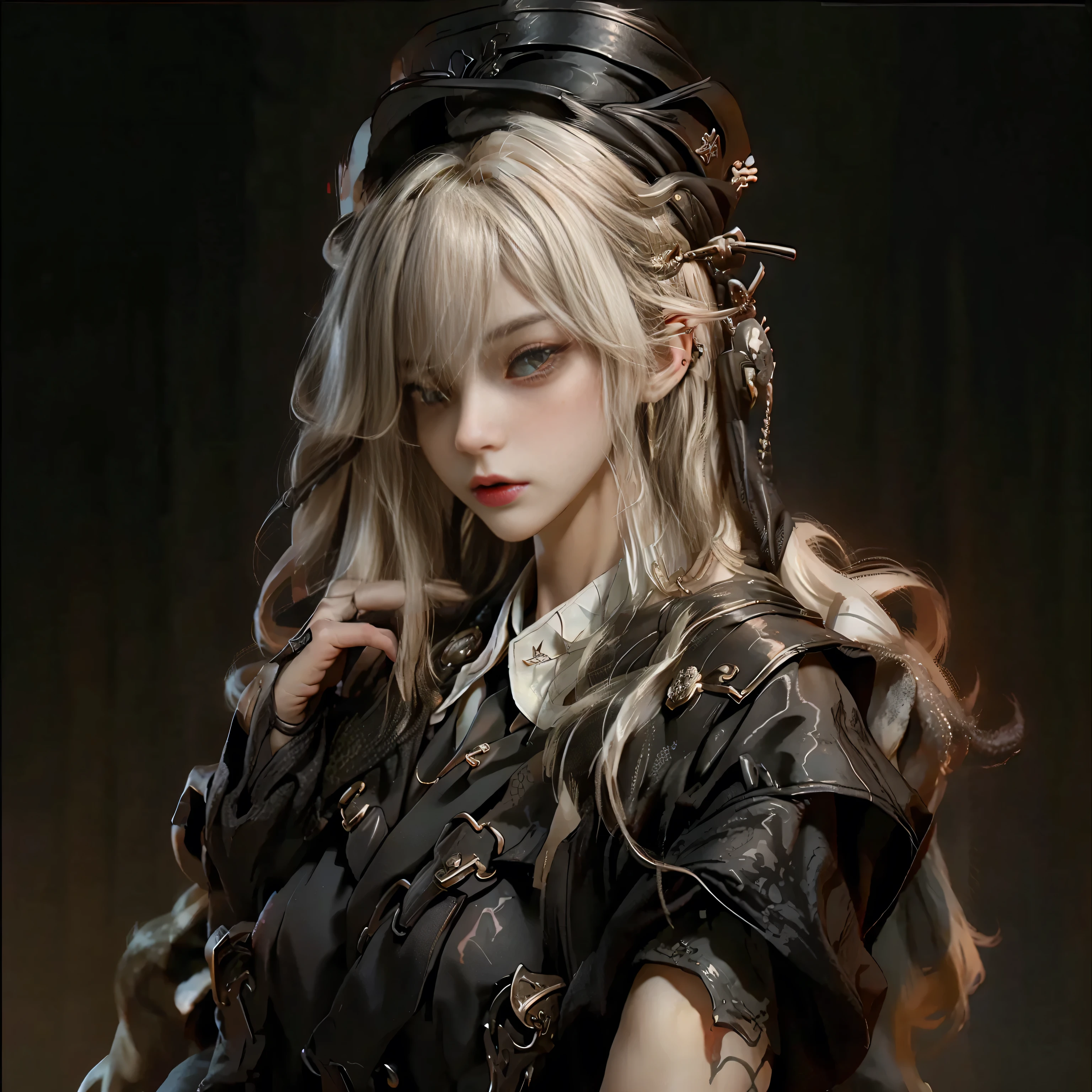 ((best quality)), ((Masterpiece)), (details:1.4), 3d, Image of a beautiful cyberpunk woman., HDR (high dynamic range), woman, เหมือนจริง, Curtain Bangs, Blonde hair, Red eyes, future police, PBR surface, After processing, Anisotropic filtration,depth of field, Maximum clarity and clarity, multi-layered surface, perfect proportions, 8K raw files, cyberpunk, at night, ผมหลายชั้น, กระโปรงสั้น, natural lighting, soft lighting, sunlight, หน้าอกใหญ่, a woman wearing a black gothic style military uniform, black military hat with gold details, iron cross symbol on the military hat,