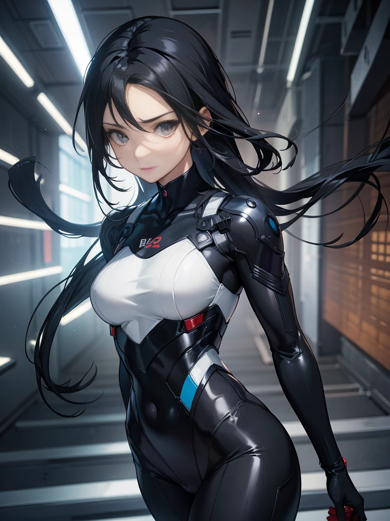 One adult woman with narrow eyes,career woman,Tight suit,pumps,lawyer,cool,Gaze, Forehead,Anatomically correct, accurate, masterpiece, Highest quality, Winner of numerous awards, Textured skin, Retina, Retina, Black Hair, Half-up hairstyle, Solemn, Column Lineup,Cinematic light effects, Anime Style, Japanese illustration style,