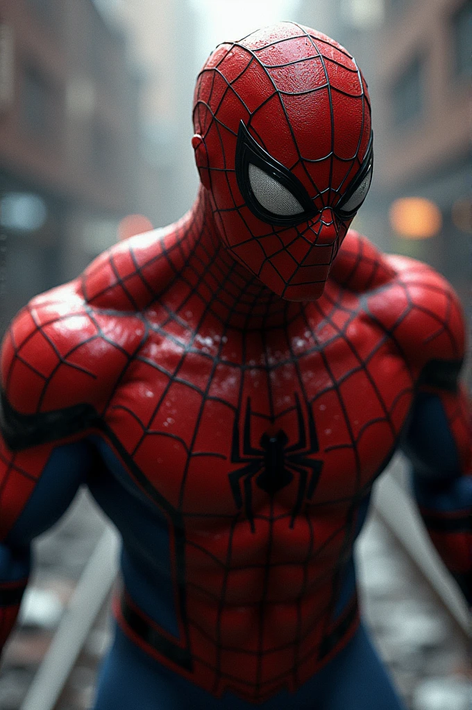 Shirtless Spiderman sweating hard