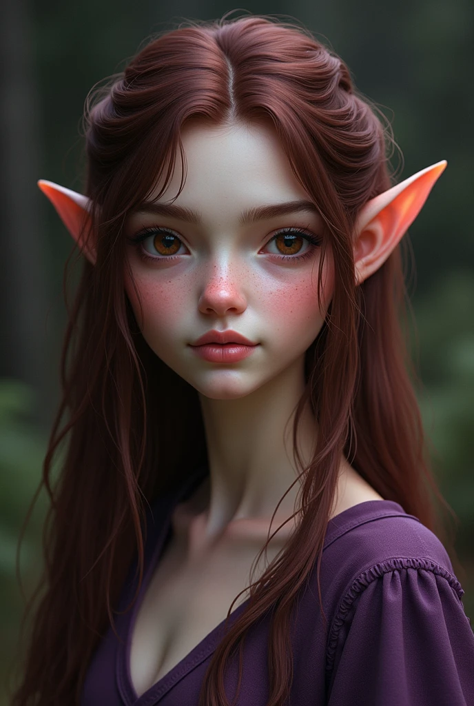An elf girl with burgundy brown hair, long layered cut hair, small shaped eyes, brown eyes, wearing dark purple clothes with neutral skin. Make her photorealistic