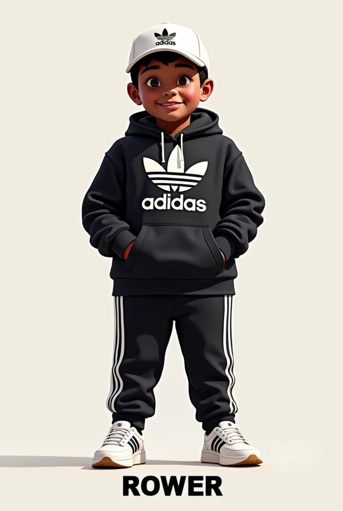 A chubby, dark-skinned boy wearing a black Adidas sweatshirt and black Adidas pants, white Adidas shoes , white Adidas cap and says the name ROWER below