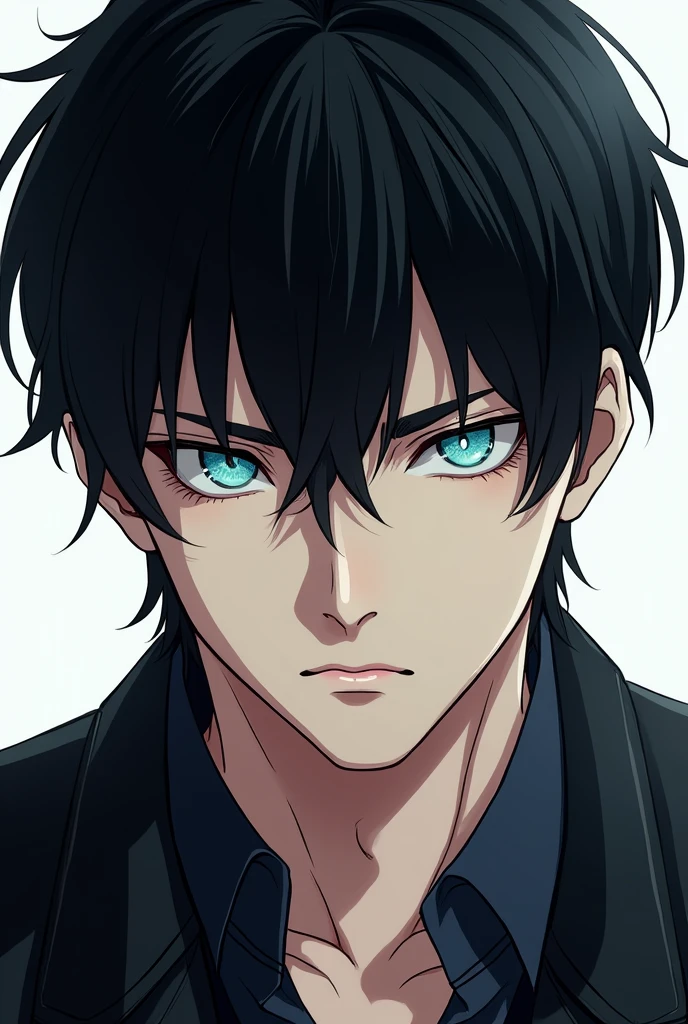 manhwa of a man, short black hair, the small, slanted, seductive eyes, pastel blue pupil, SERIOUS LOOK
