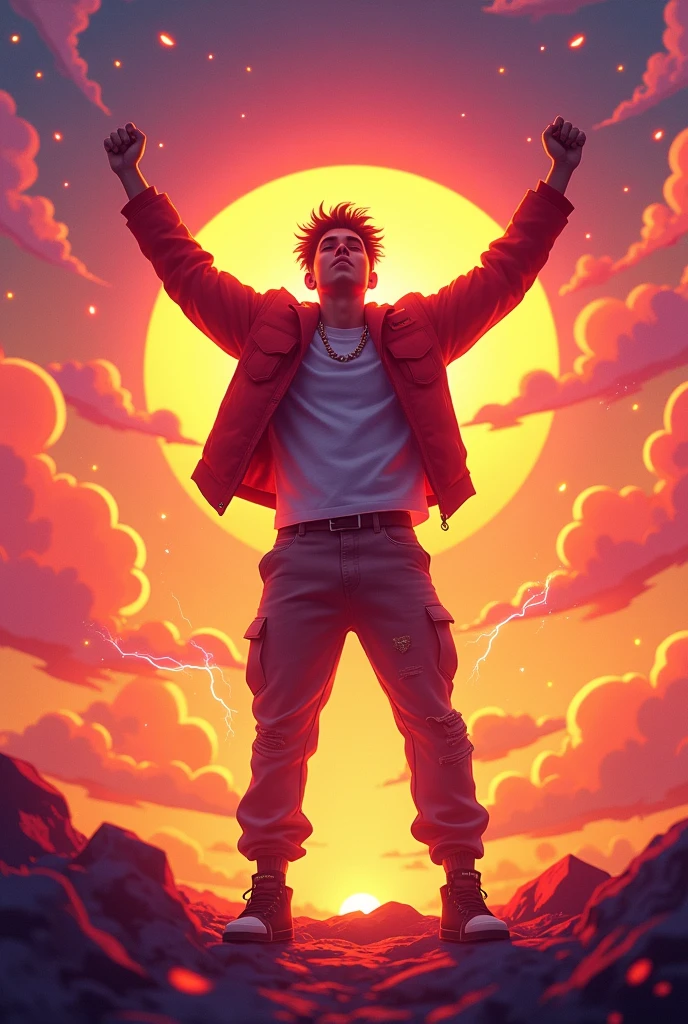 A vibrant sunset scene with orange gradients, pink and purple in the sky. A young man with a reggaeton style, in a victory pose, with brightness around it. Flames and lightning around the character, movement lines for dynamism. Radiant sun overhead and bright stars in the sky. positive and inspiring energy.
2138769277